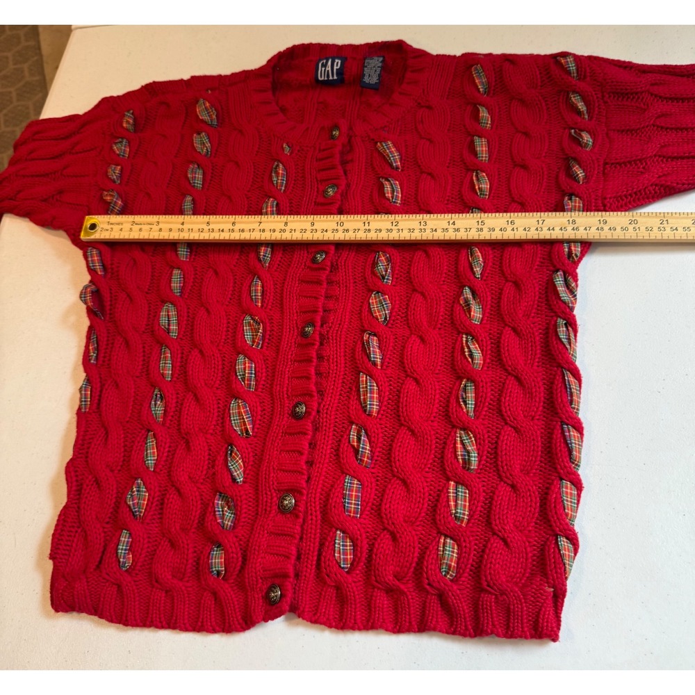 Vintage 90s GAP XL Red Cable Knit Cardigan Sweater Plaid Ribbon Weave 100% Cott - Picture 7 of 10